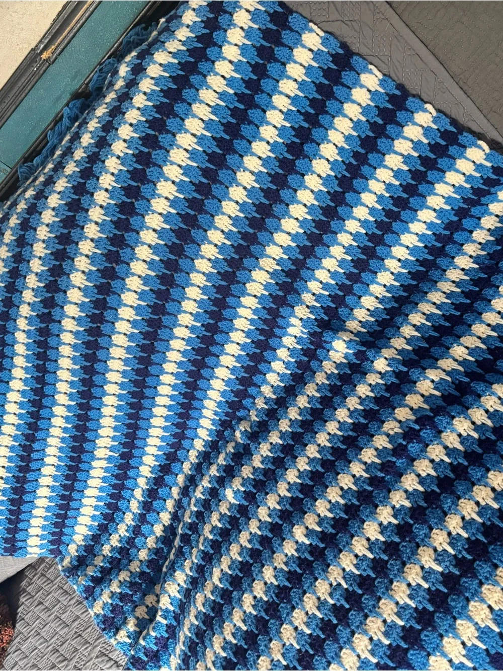 Handmade Blue and Cream Striped Crochet Throw Blanket - Home Accents
